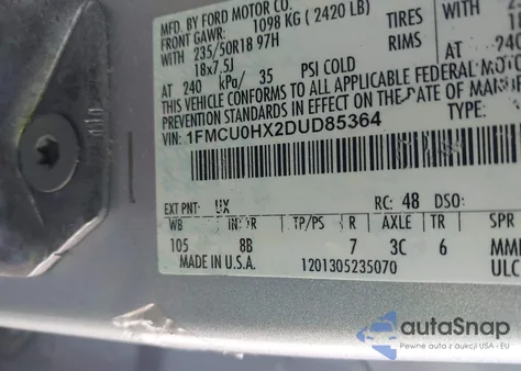 2013 Ford Escape Sel z USA, uszkodzony, nr VIN 1FMCU0HX2DUD85364